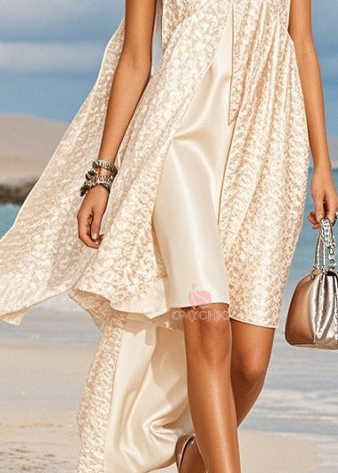 Stylish White Jacquard Asymmetrical Design Silk Cami Dresses Summer