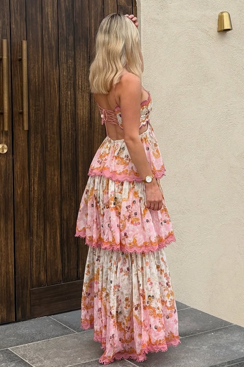 Stylish A Line Spaghetti Straps Pink Printed Long Prom Dress with Criss Cross Back