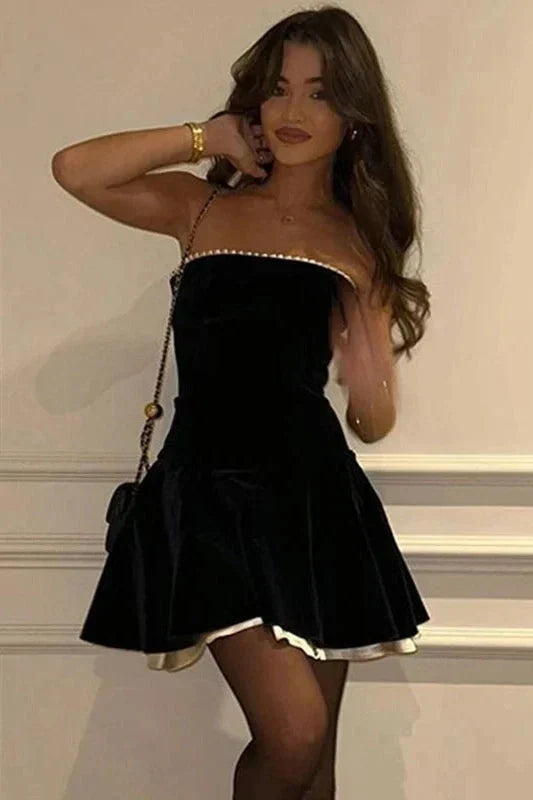 Stylish A Line Strapless Black Short Homecoming Dress with Criss Cross Back