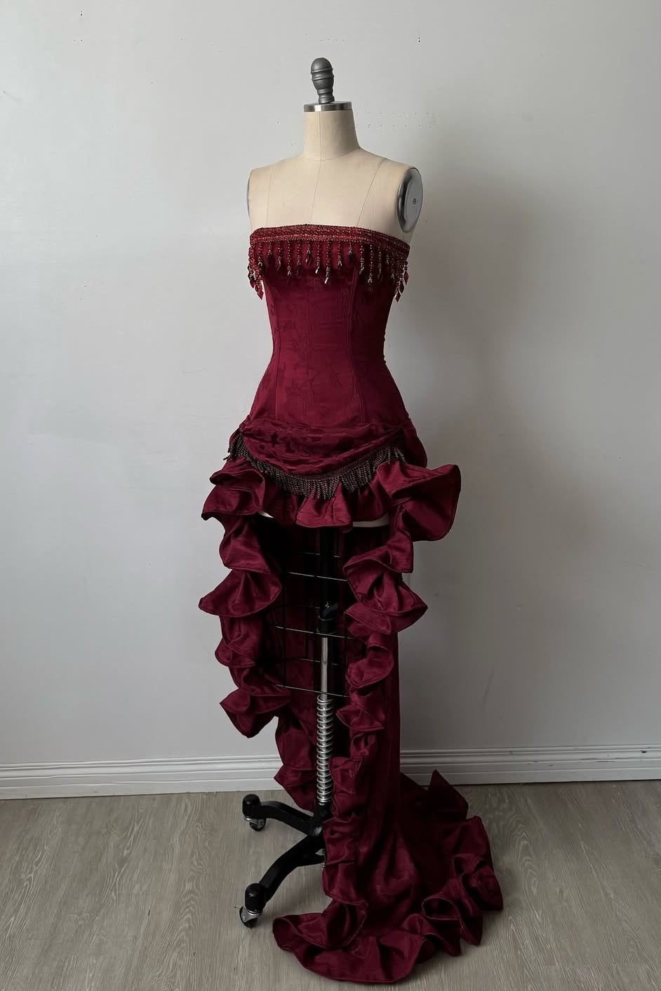 Stylish High Low Strapless Burgundy Long Prom Dress with Tassel Ruffles
