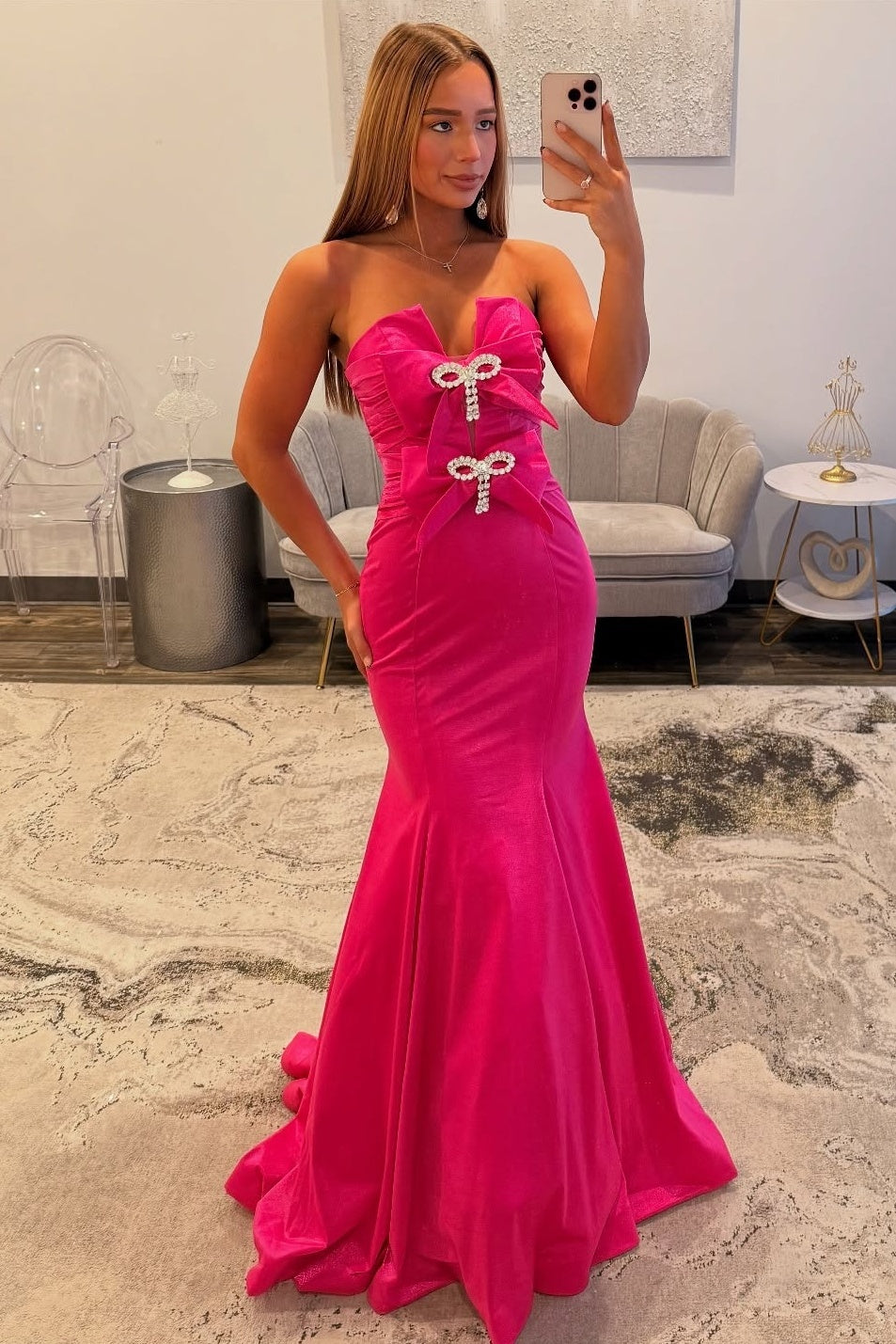 Stylish Mermaid Sweetheart Hot Pink Long Prom Dress with Bowknot - FashionDia