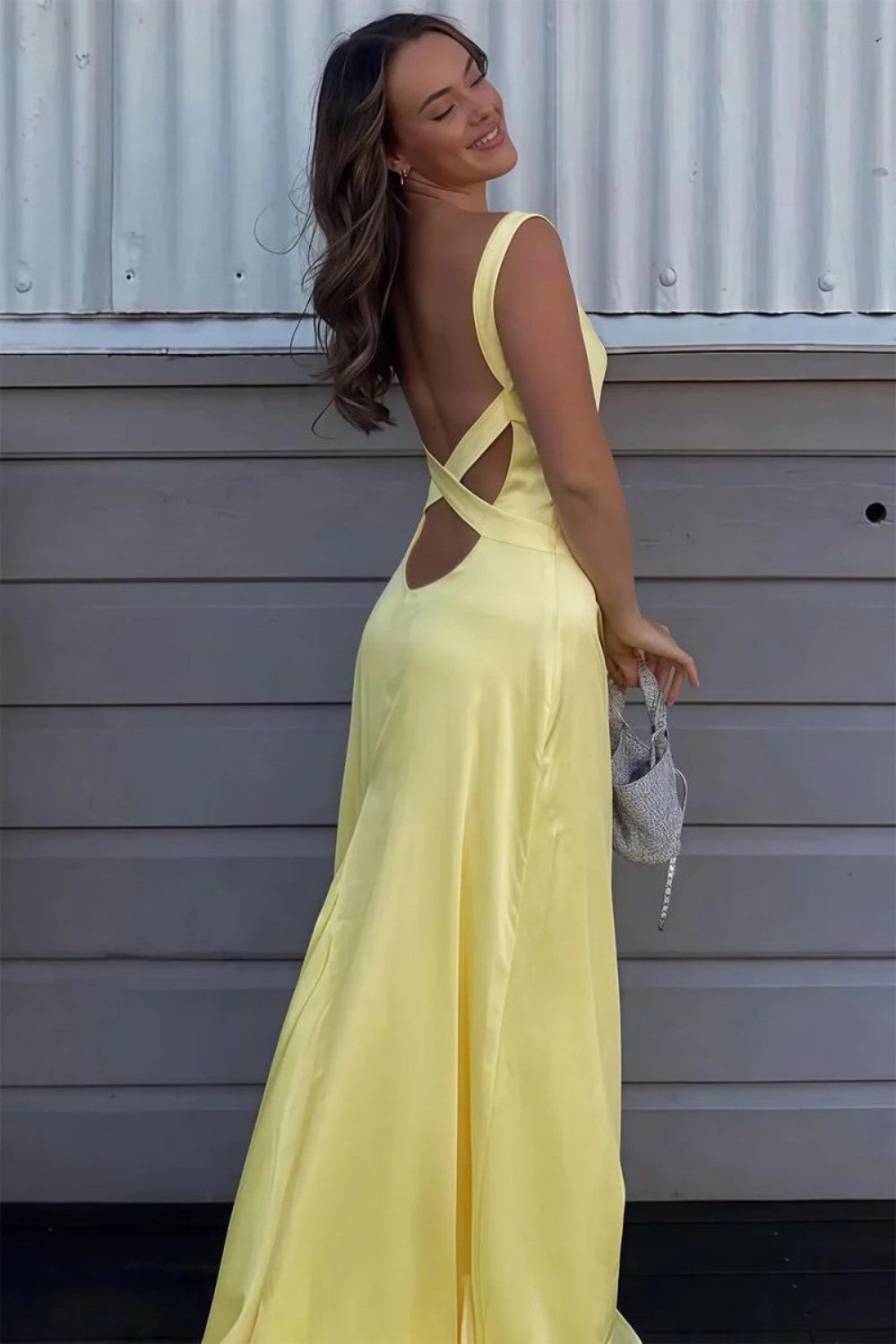 Stylish Mermaid V Neck Yellow Long Prom Dress with Criss Cross Back