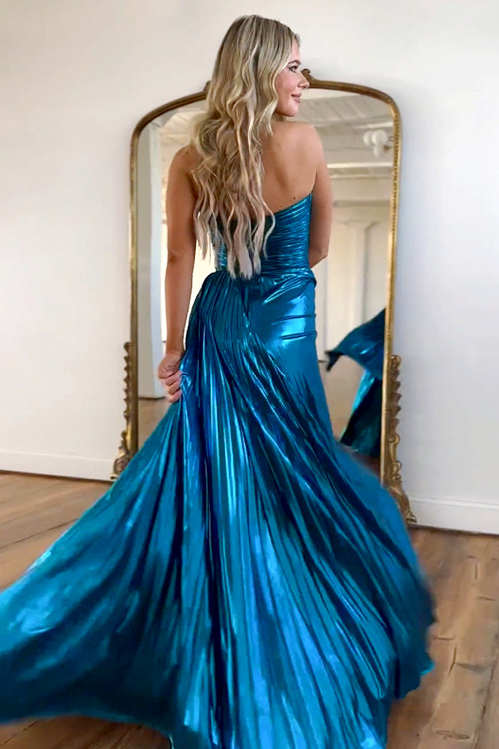 Metallic A-Line Peacock Blue Sweetheart Sweep Train Prom Dress With Slit