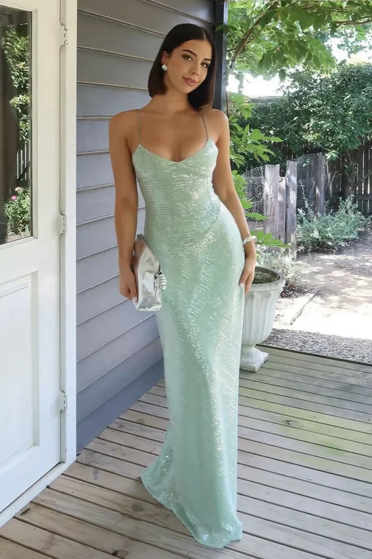 Stylish Sheath Spaghetti Straps Light Green Sequins Long Prom Dress