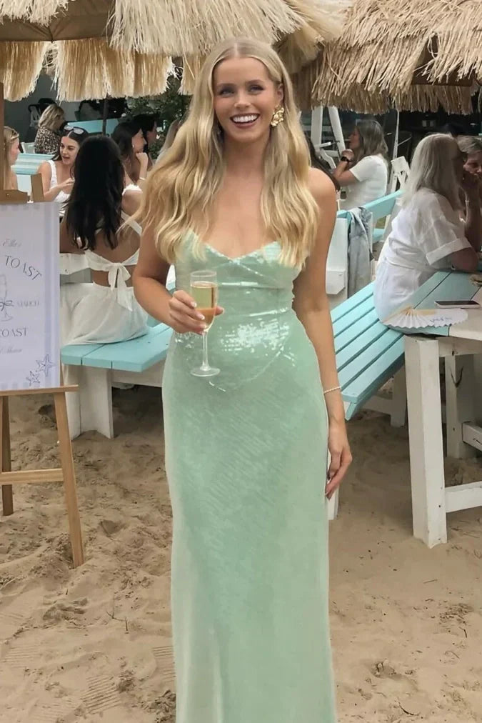 Stylish Sheath Spaghetti Straps Light Green Sequins Long Prom Dress
