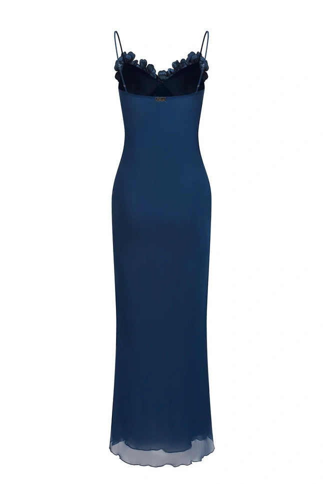 Chic Sheath Spaghetti Straps Navy Blue Long Party Dress with Flowers