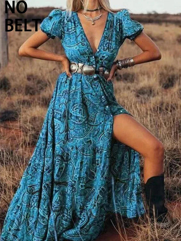 Graceful HighWaist Bohemian Floral Print Maxi Boho Dress