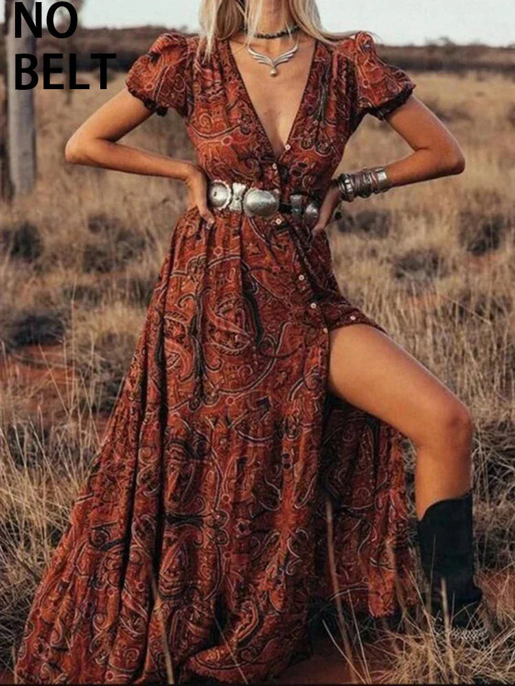 Graceful HighWaist Bohemian Floral Print Maxi Boho Dress