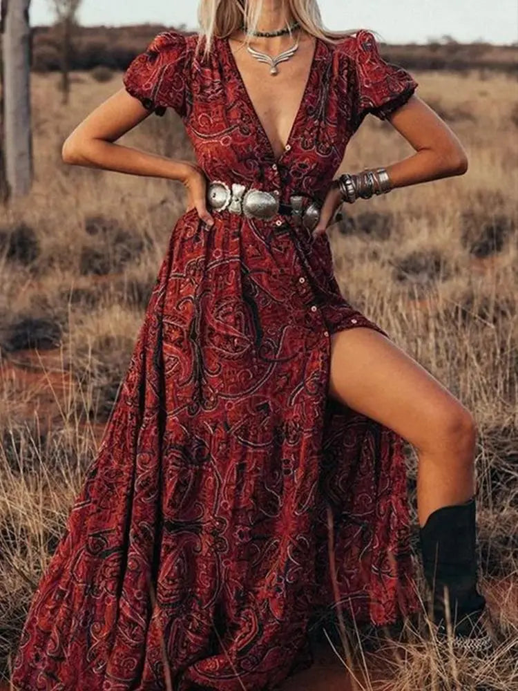 Graceful HighWaist Bohemian Floral Print Maxi Boho Dress