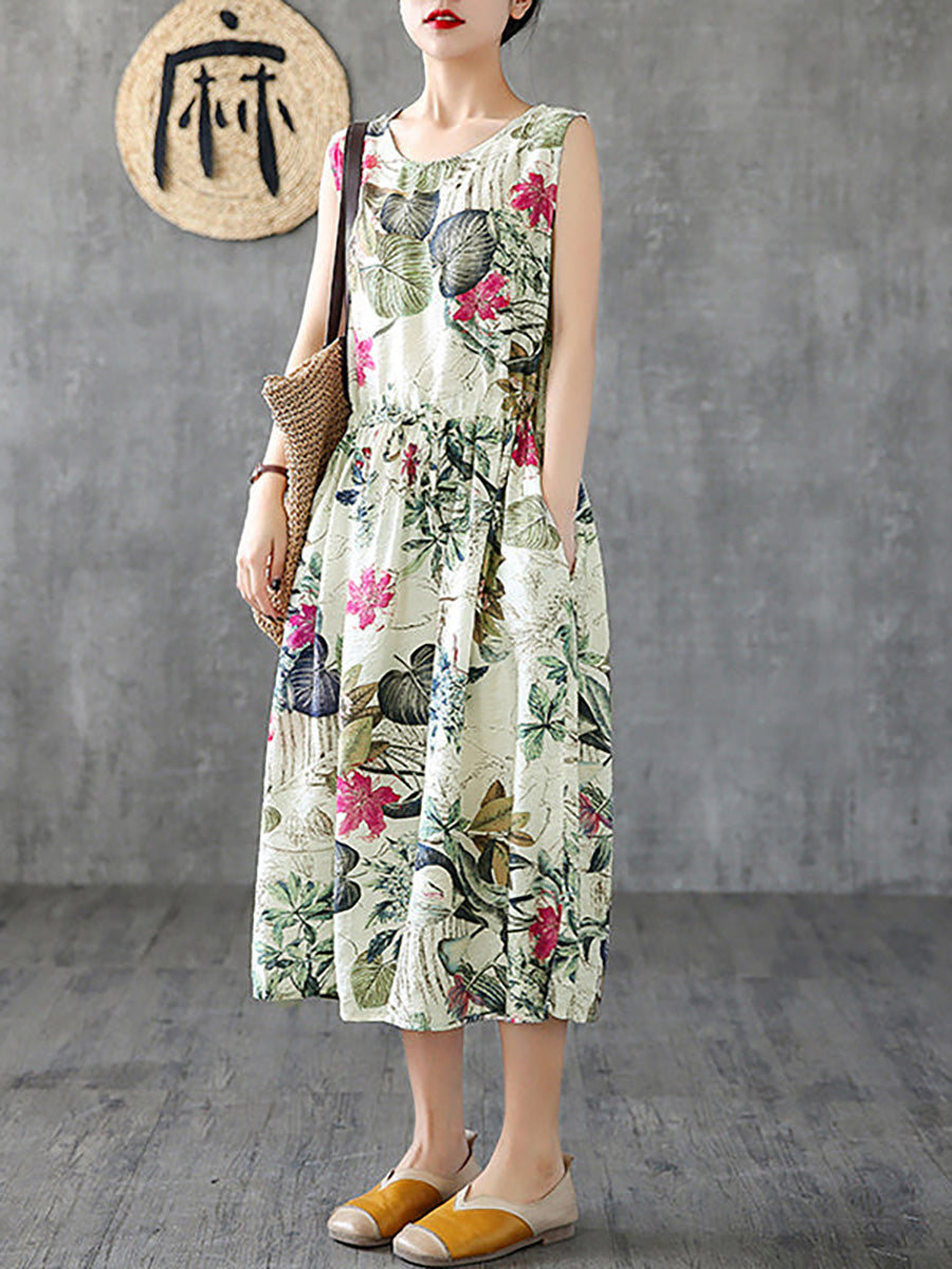 Summer Casual Floral Printed Cotton Dress Sleeveless