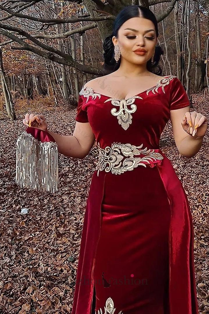 Suzhoufashion Burgundy Velvet Christmas Party Dress Appliques Short Sleeve Formal Dress