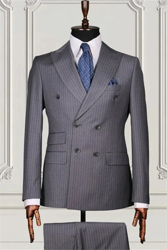 Suzhoufashion Grey Formal Striped Double Breasted Bespoke Men Suits
