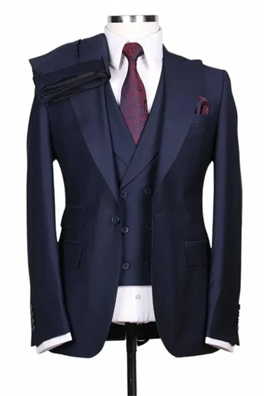 Suzhoufashion Navy Three Pieces Peaked Lapel Bespoke Men Suits