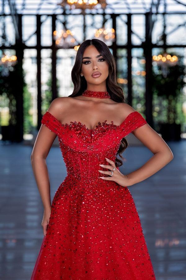 Suzhoufashion Red Prom Dress A Line Beaded Off the Shoulder Formal Dress with Neck Train