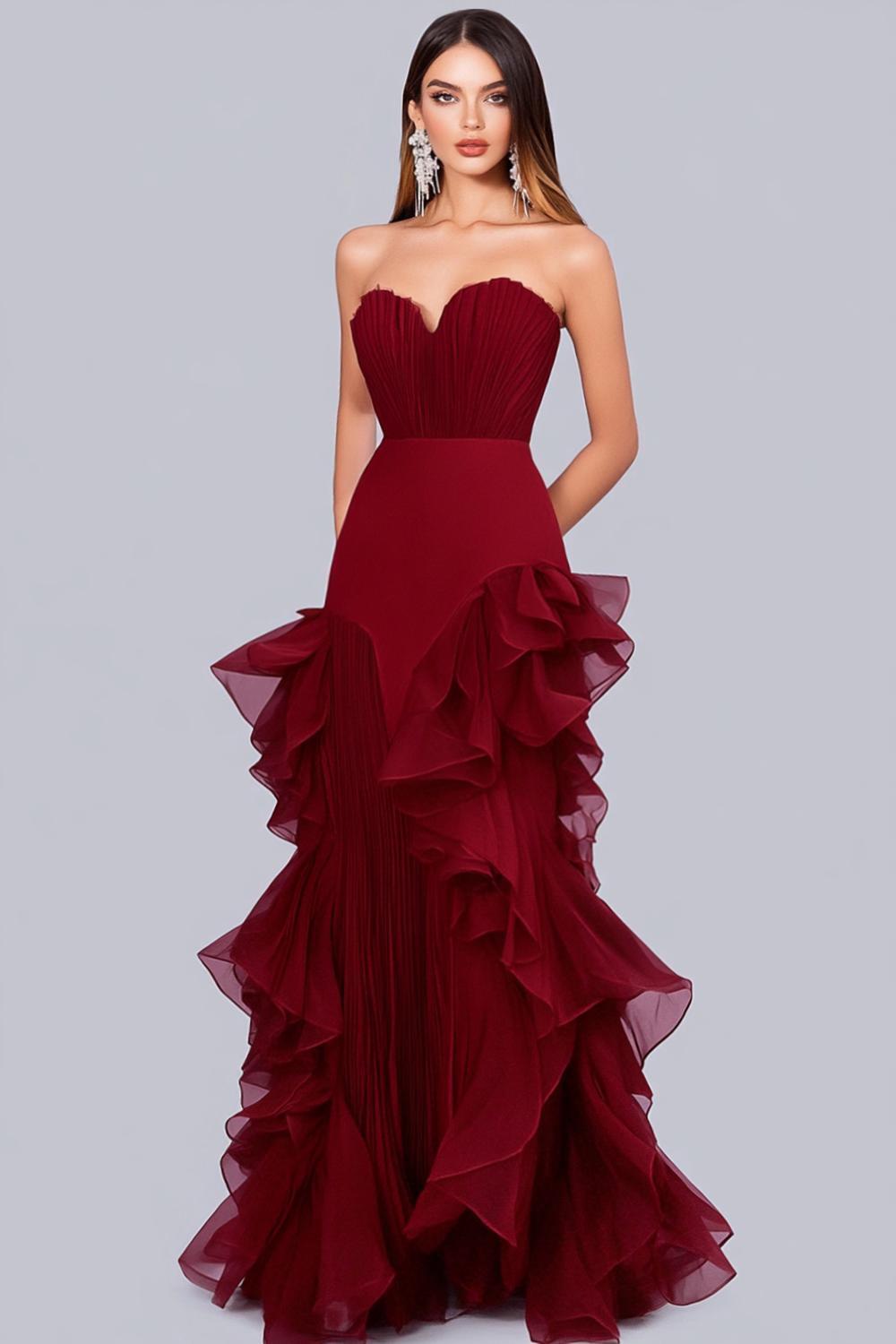 Sweetheart Burgundy Wedding Guest Dress Ruffled Sheath Formal Dress With Ruffles
