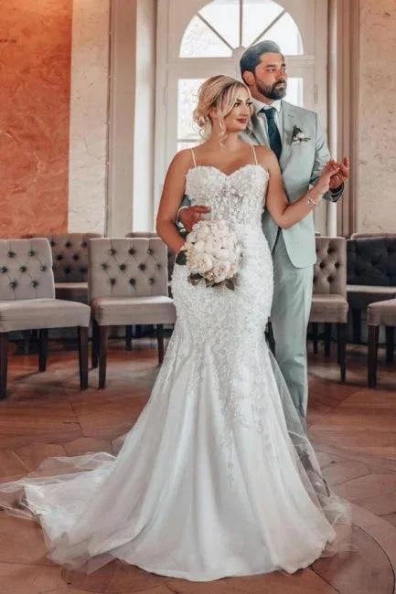 Sweetheart Charming Tulle Mermaid Spaghetti Straps Wedding Dresses with Appliques (ZD15719)