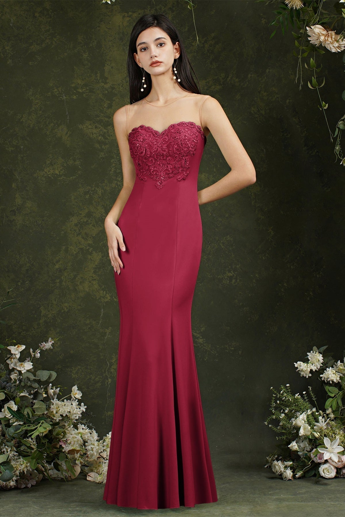 Sweetheart Floral Lace Tulle Mermaid Long Formal Dress