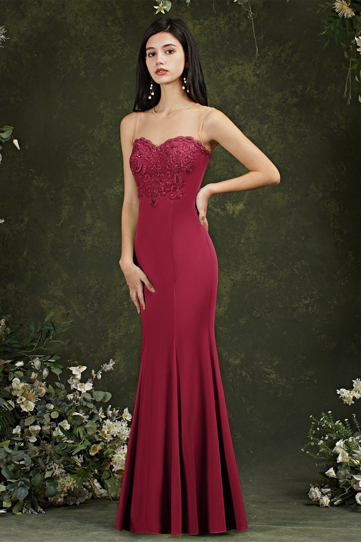 Sweetheart Floral Lace Tulle Mermaid Long Formal Dress