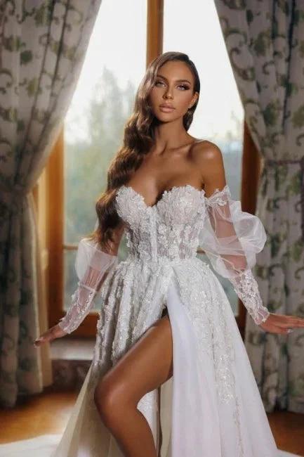 Sweetheart High Neck Bubble Sleeves Princess Wedding Dress (ZD15708)