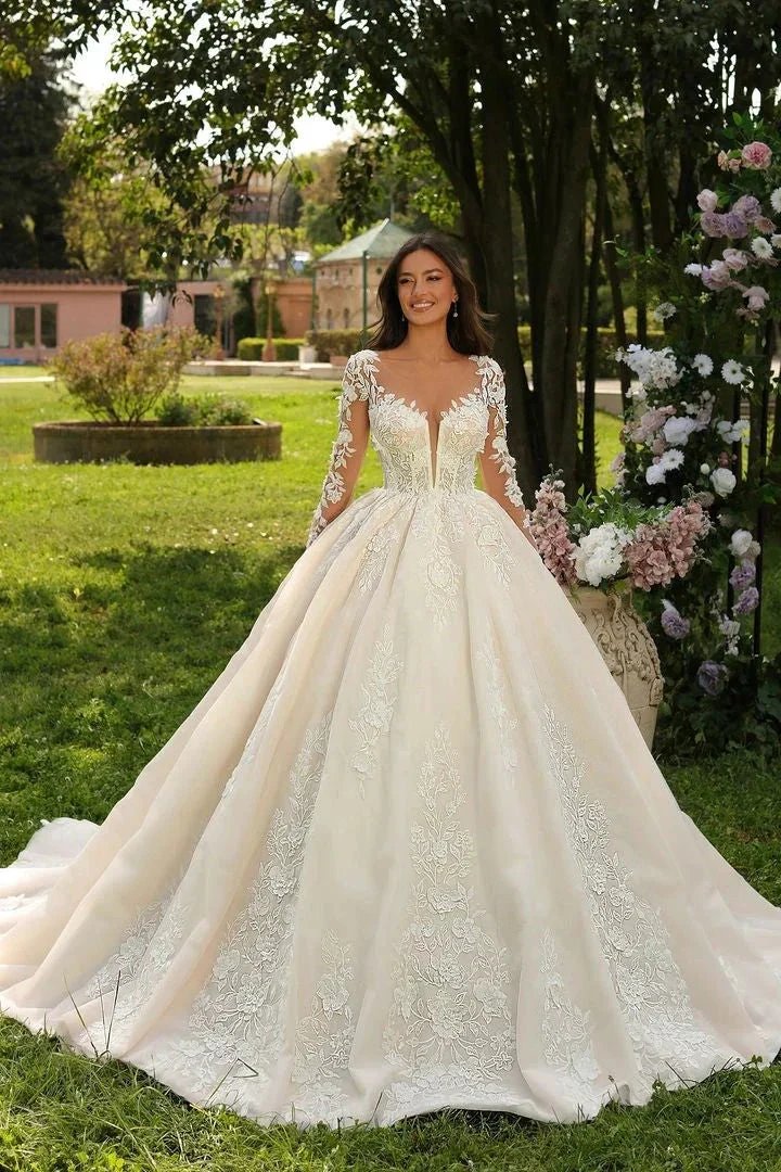 Sweetheart Long Ivory Princess Long Sleeves Appliques Wedding Dress With Train (ZD15659)