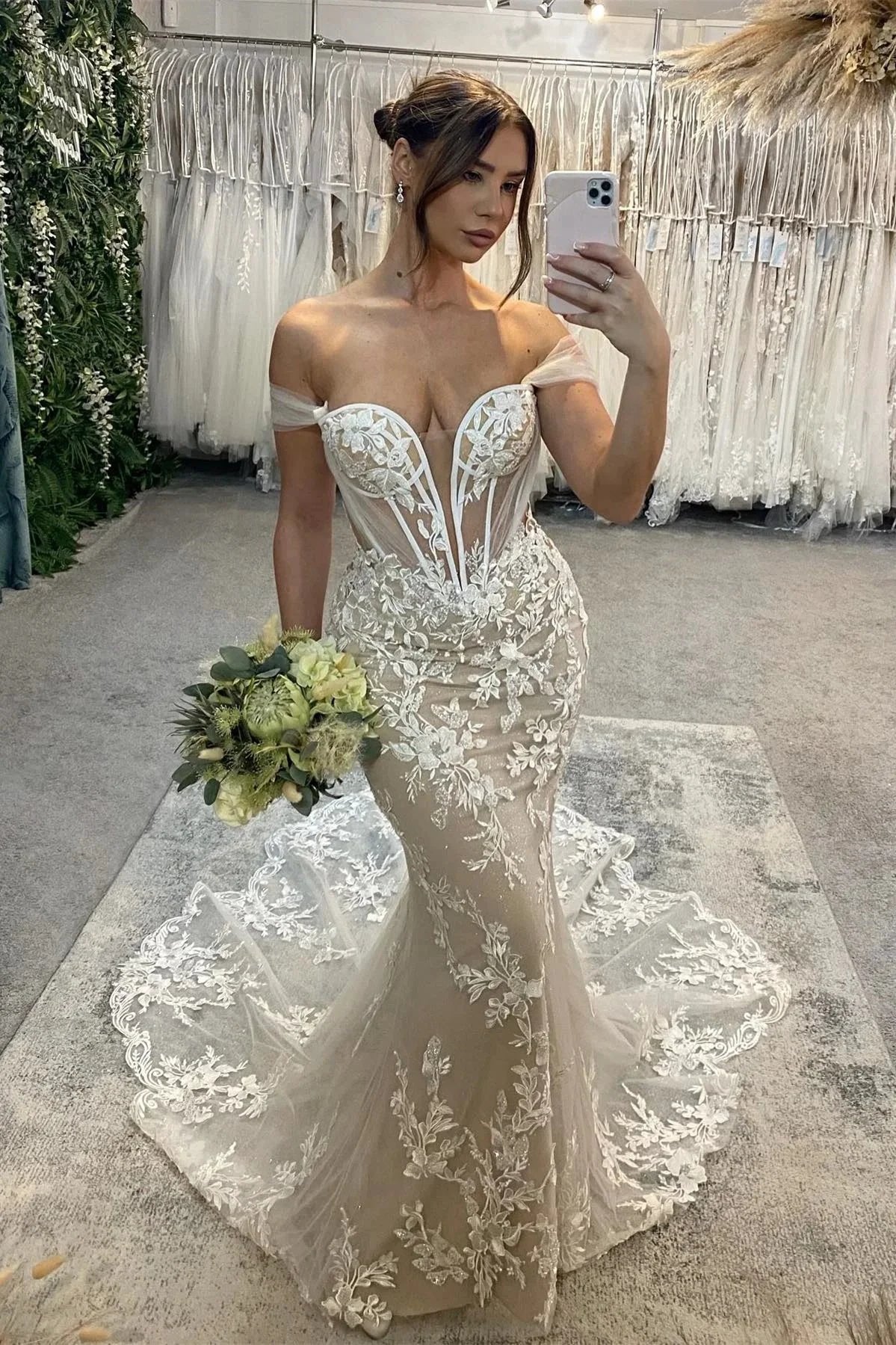 Sweetheart Long Mermaid Off-the-shoulder Glitter Appliques Wedding Dress (ZD15664)