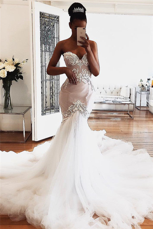 Sweetheart Mermaid Tulle Wedding Dresses | Sexy Sleeveless Lace Appliques Bridal Gowns