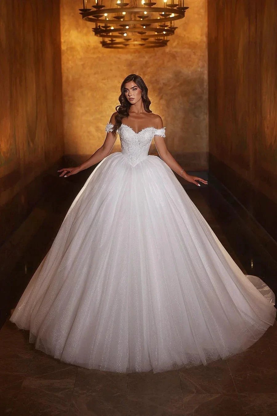 Sweetheart Princess Long White Off-the-shoulder A-line Glitter Wedding Dress With Lace (ZD15672)