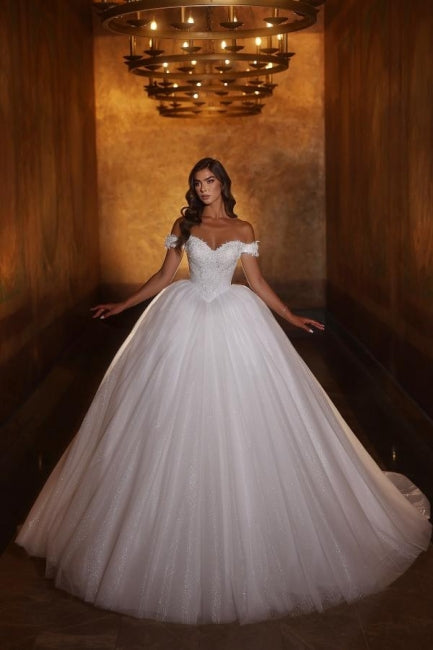 Sweetheart Wedding Dress Off The Shoulder Sequined Ball Gown Princess Bridal Gown With Rhinestone
