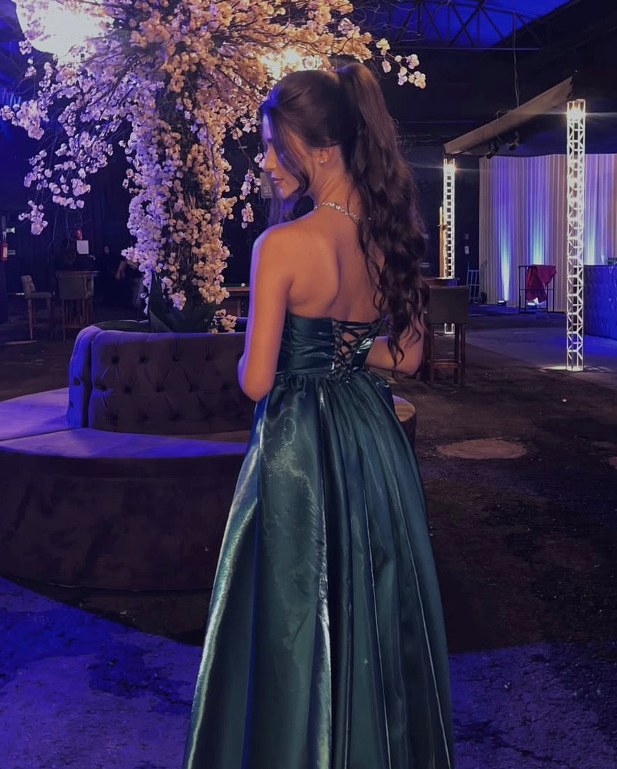 Sweetheart A Line Green Formal Prom Dress With Slit J10096