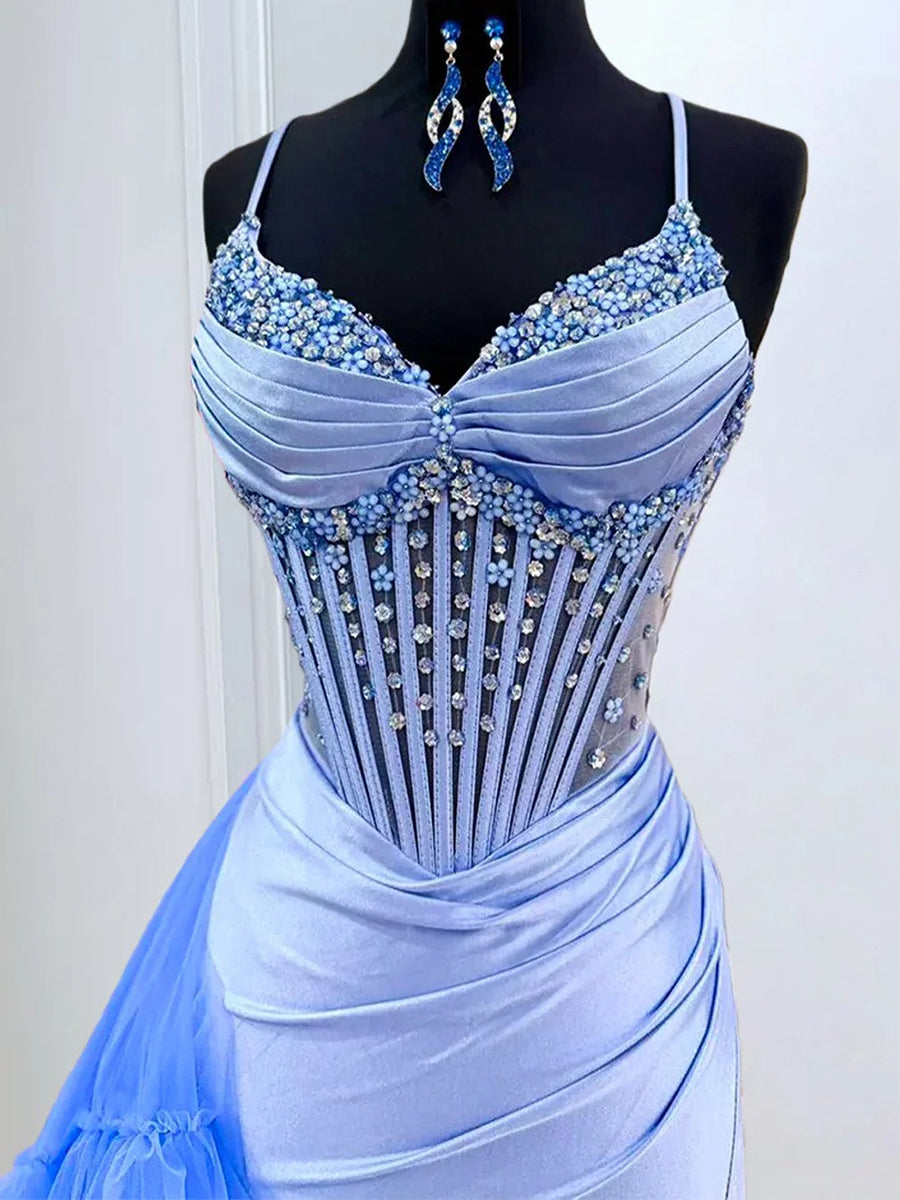 Sweetheart Blue Satin Corset Prom Dress with Ruffled Train
