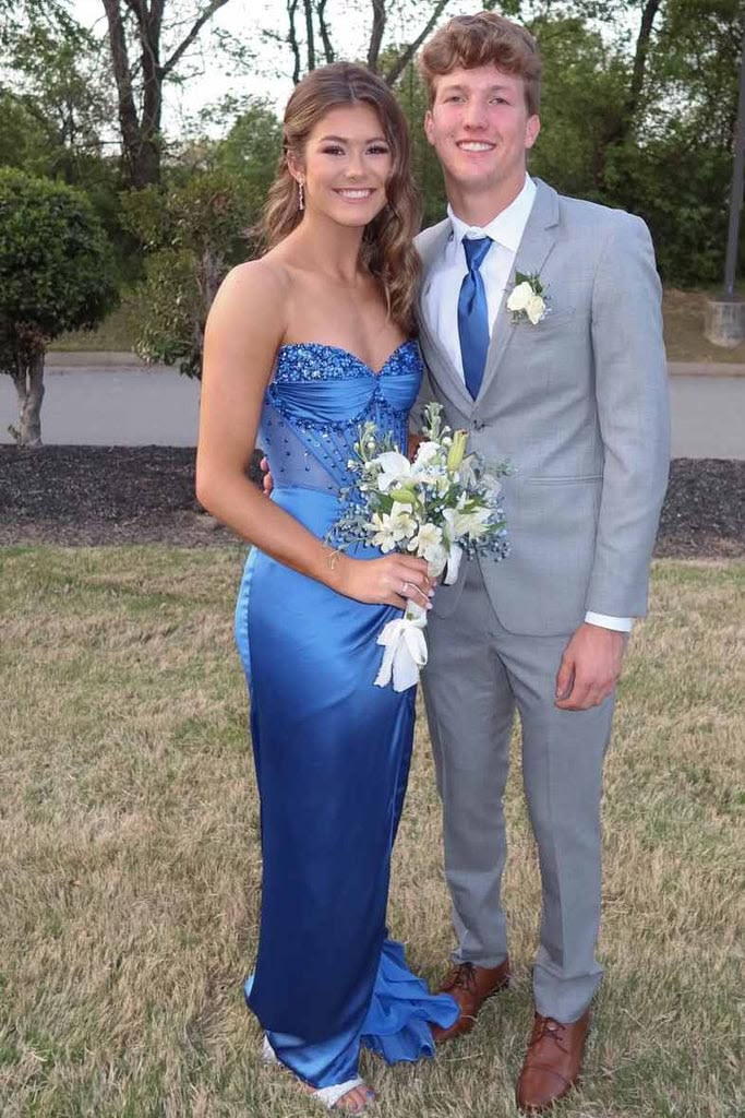 Sweetheart Blue Satin Prom Dress Sheath Evening Gown J10953