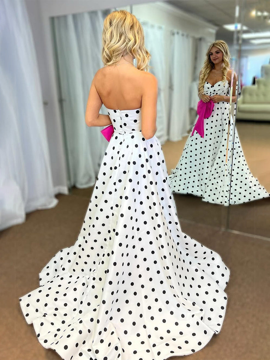Sweetheart Dot Satin Long Prom Dress with Bow