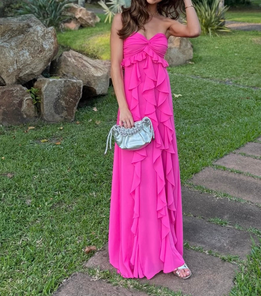 Sweetheart Hot Pink Chiffon Ruffled Wedding Guest Dress A-Line Prom Dress