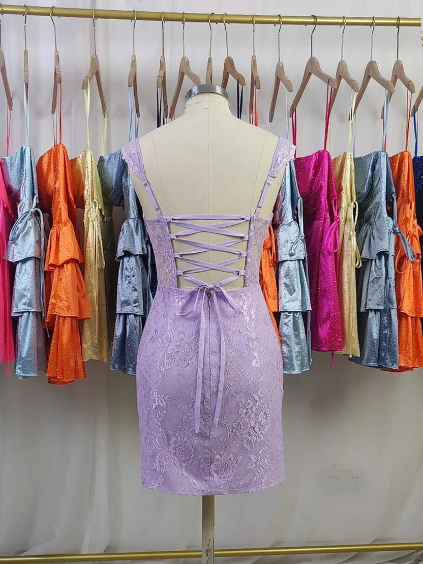 Sweetheart Lilac Lace Sheath Homecoming Dress J11643