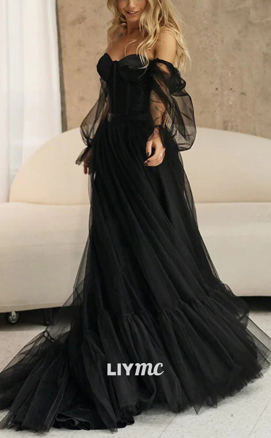 LW949 - Sweetheart Long Sleeves Tulle Ball Gown High Slit Black Wedding Dress