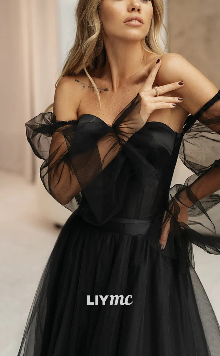 LW949 - Sweetheart Long Sleeves Tulle Ball Gown High Slit Black Wedding Dress