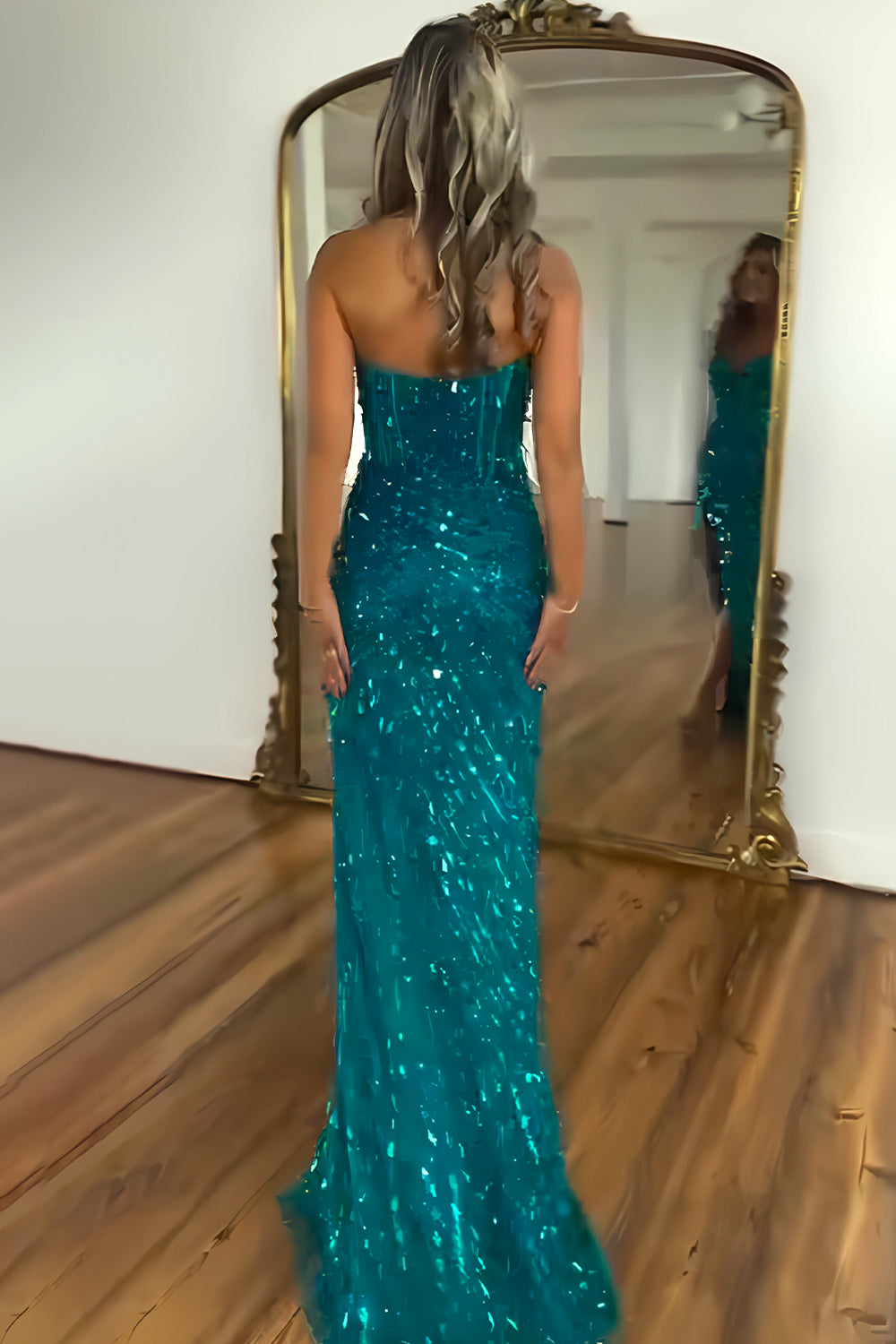 Sparkly Mermaid Sweetheart Gold Long Prom Dress with Split Front