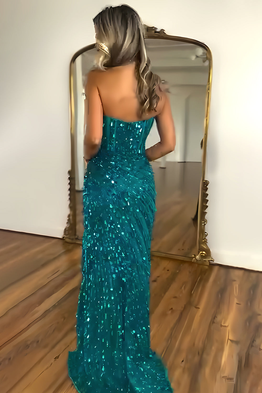 Sparkly Mermaid Sweetheart Gold Long Prom Dress with Split Front