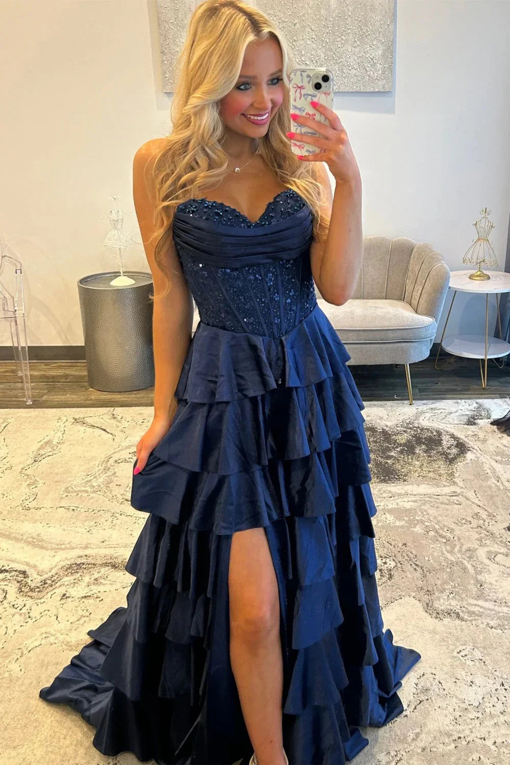 Sweetheart Navy Blue Layered Prom Dress A-Line Evening Dress With Slit