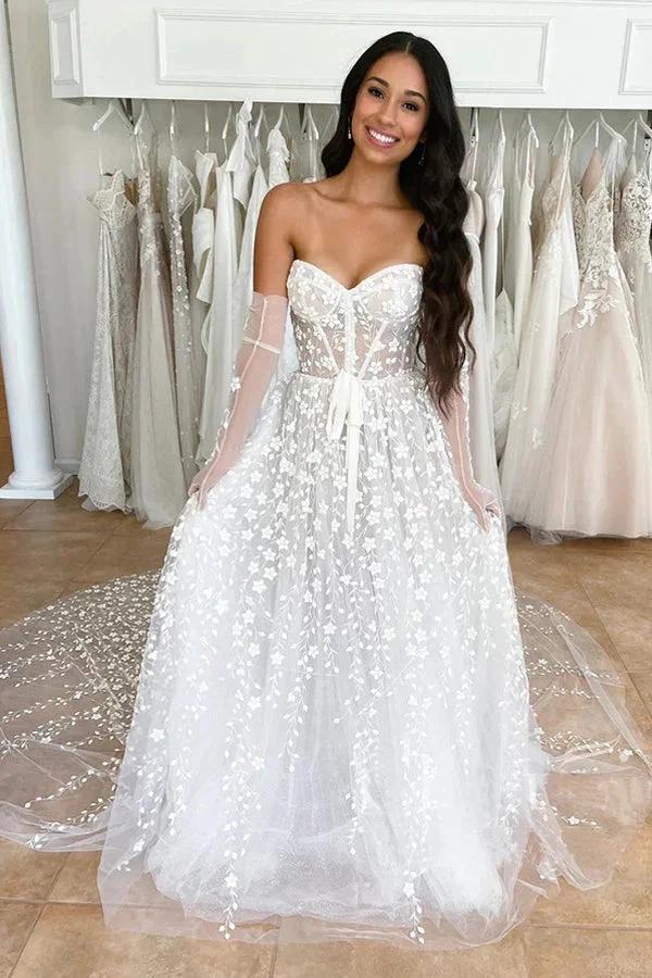 Sweetheart Neck A Line Delicated Lace Wedding Dress Boho Wedding Dress (ZD16182)