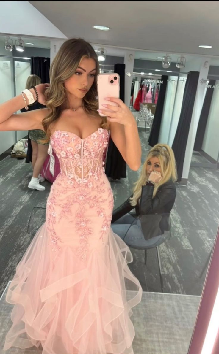 Sweetheart Pink Mermaid Tulle Prom Dress Appliques Formal Dress J9885