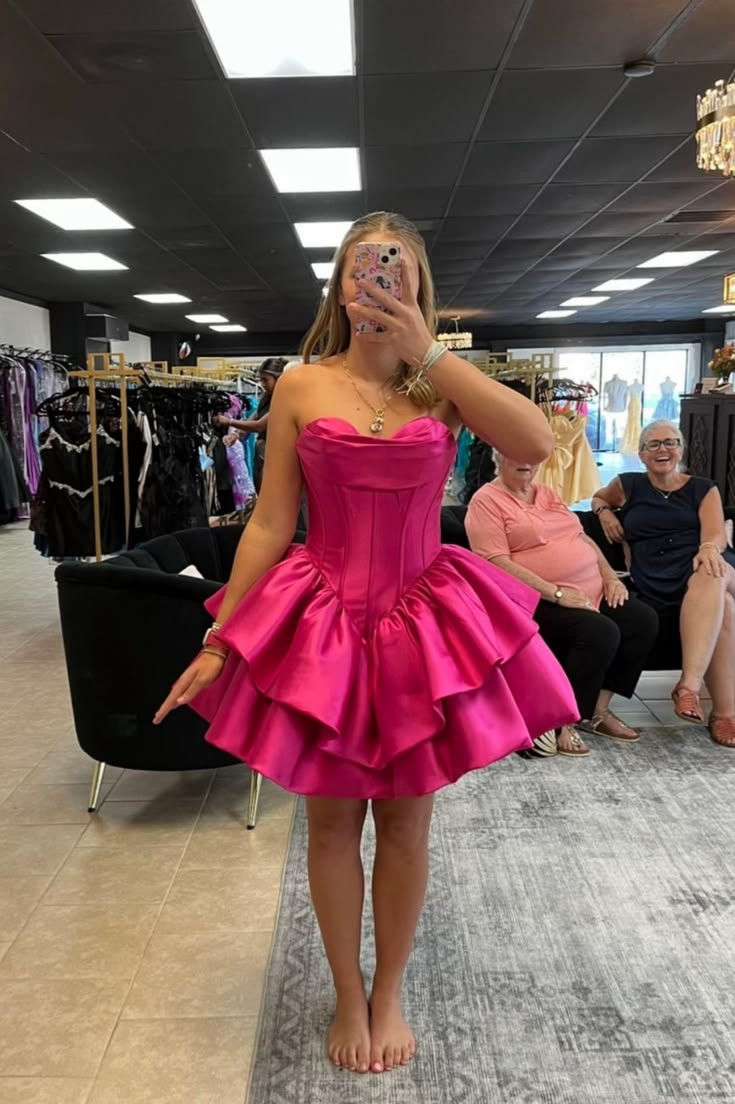 Sweetheart Pink Satin Layered Homecoming Dress J11618