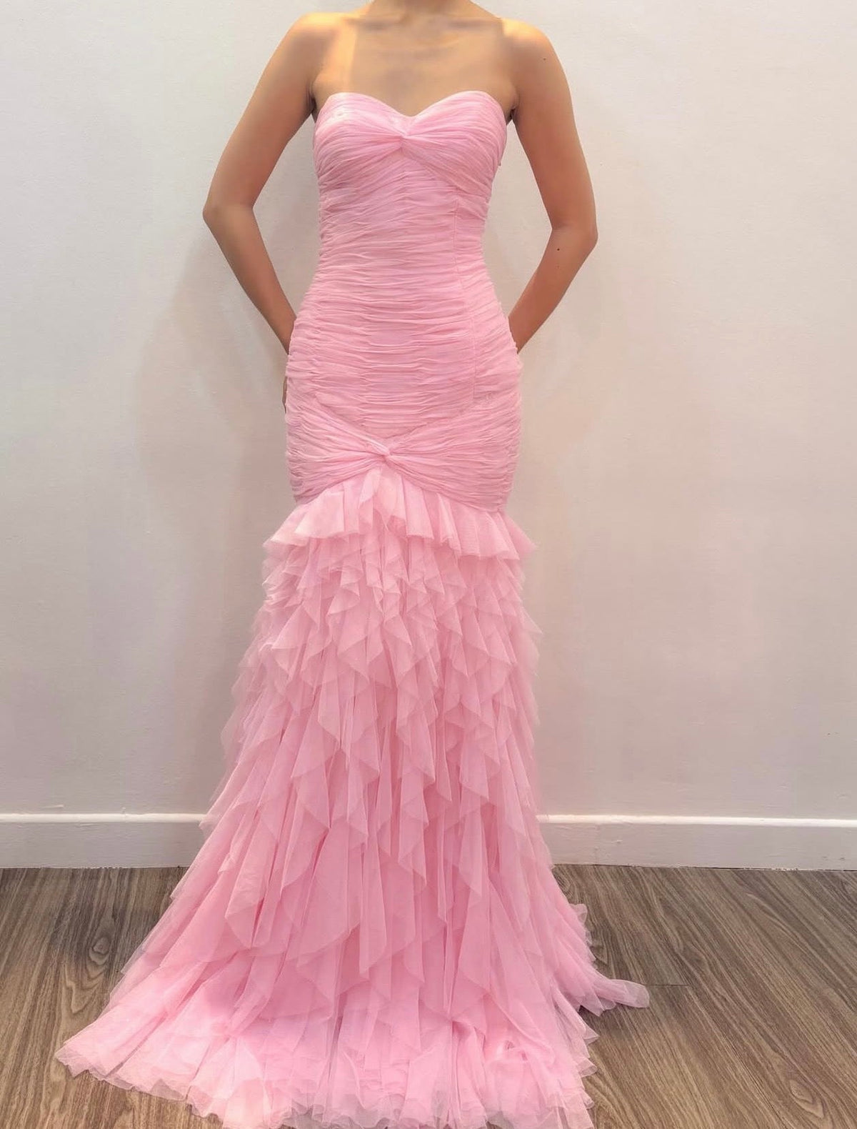 Sweetheart Pink Tulle Prom Dress Mermaid Ruffled Evening Dress