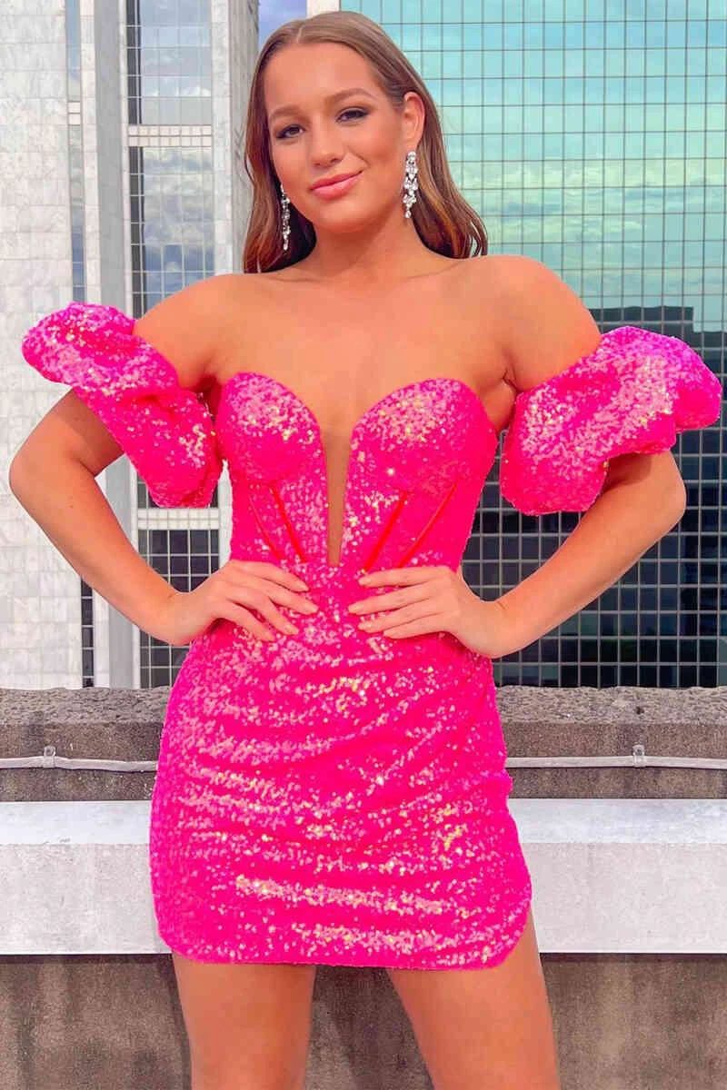 Puff Sleeves Hot Pink Homecoming Dress SYH26 by vivymakudress