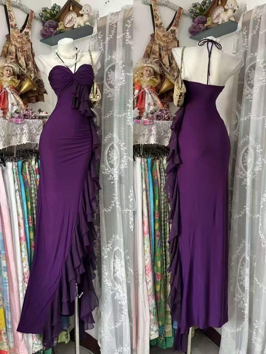 Sweetheart Purple Sheath Sexy Birthday Dress Ruffled Prom Dress