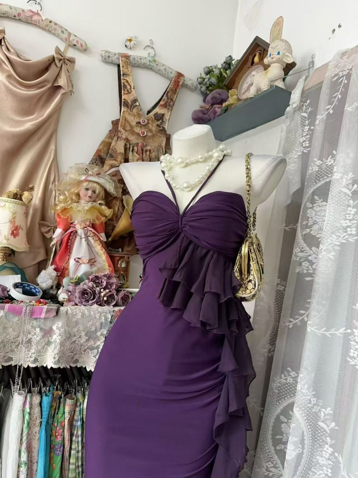 Sweetheart Purple Sheath Sexy Birthday Dress Ruffled Prom Dress