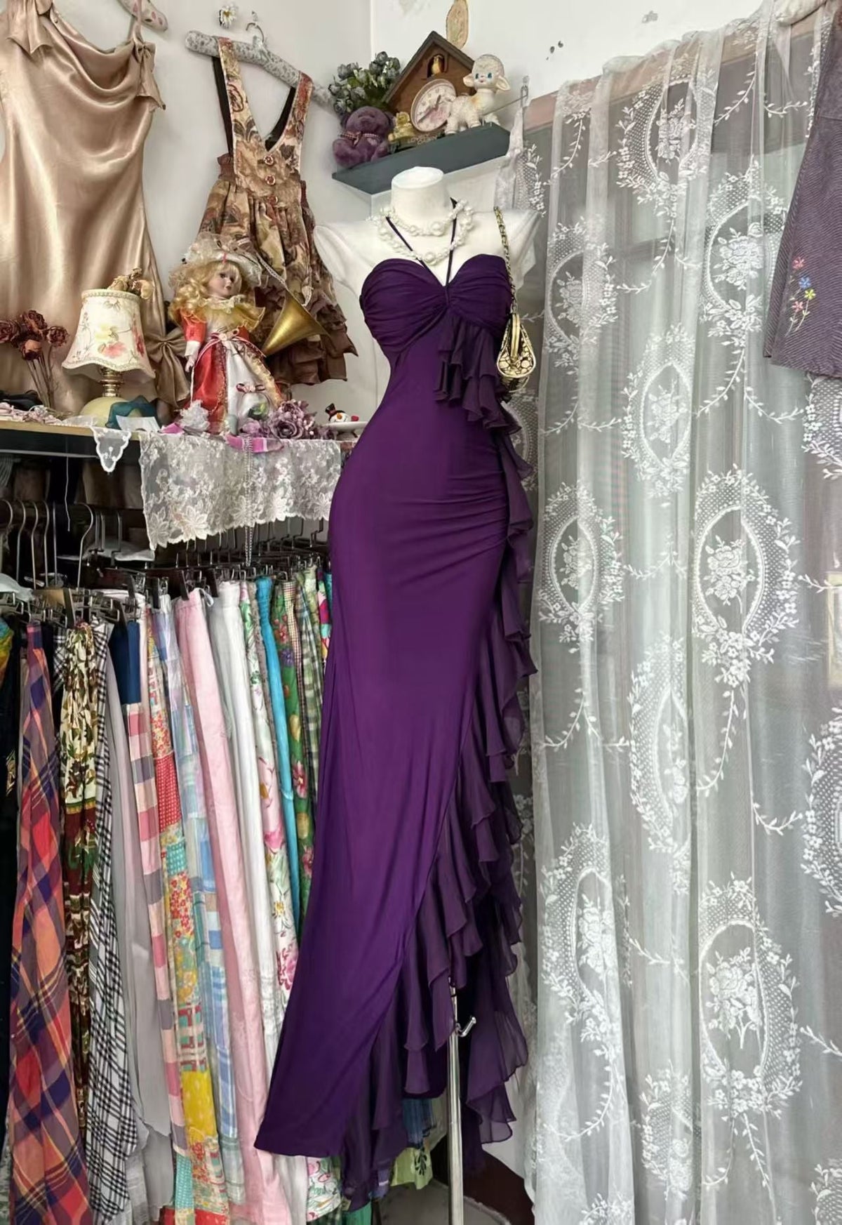 Sweetheart Purple Sheath Sexy Birthday Dress Ruffled Prom Dress