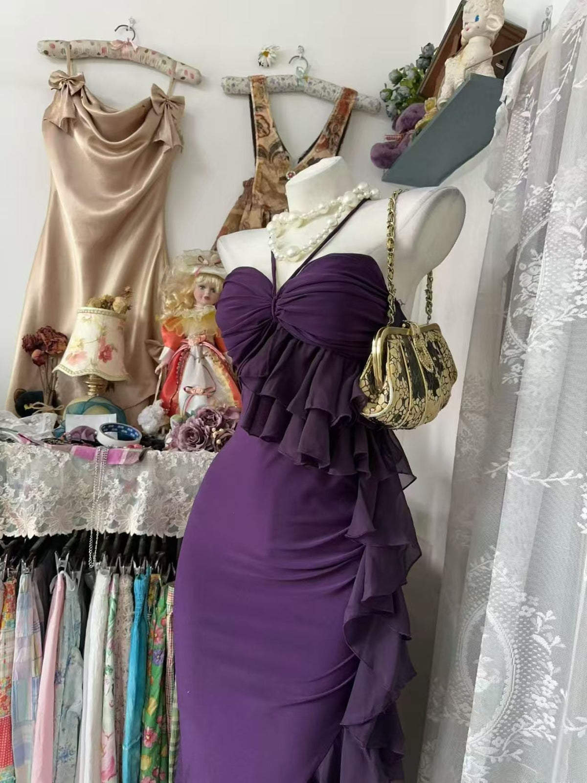 Sweetheart Purple Sheath Sexy Birthday Dress Ruffled Prom Dress