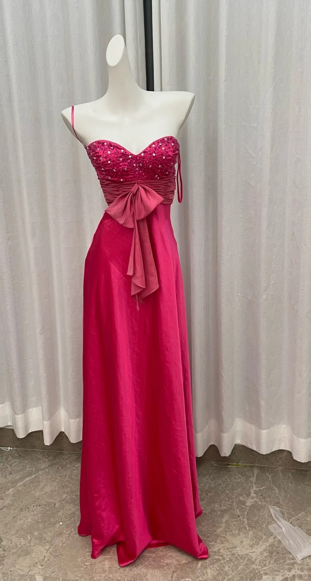 Sweetheart Rose Pink Satin Prom Dress Sequin Wedding Guest Dress