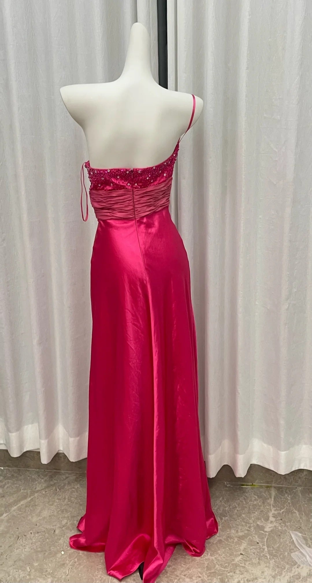 Sweetheart Rose Pink Satin Prom Dress Sequin Wedding Guest Dress